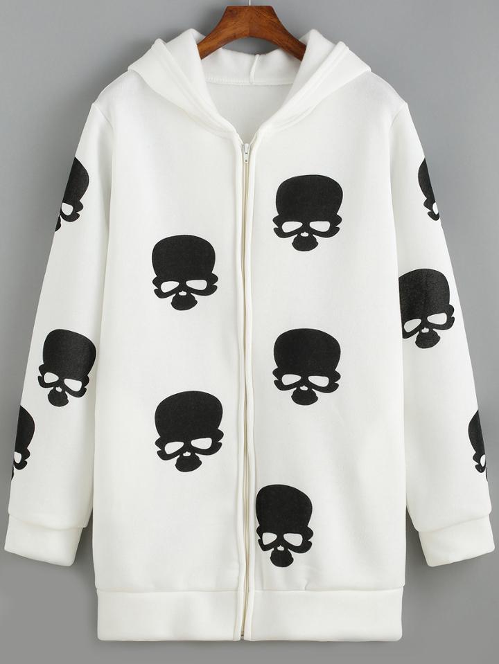Romwe Hooded Skull Print White Sweatshirt