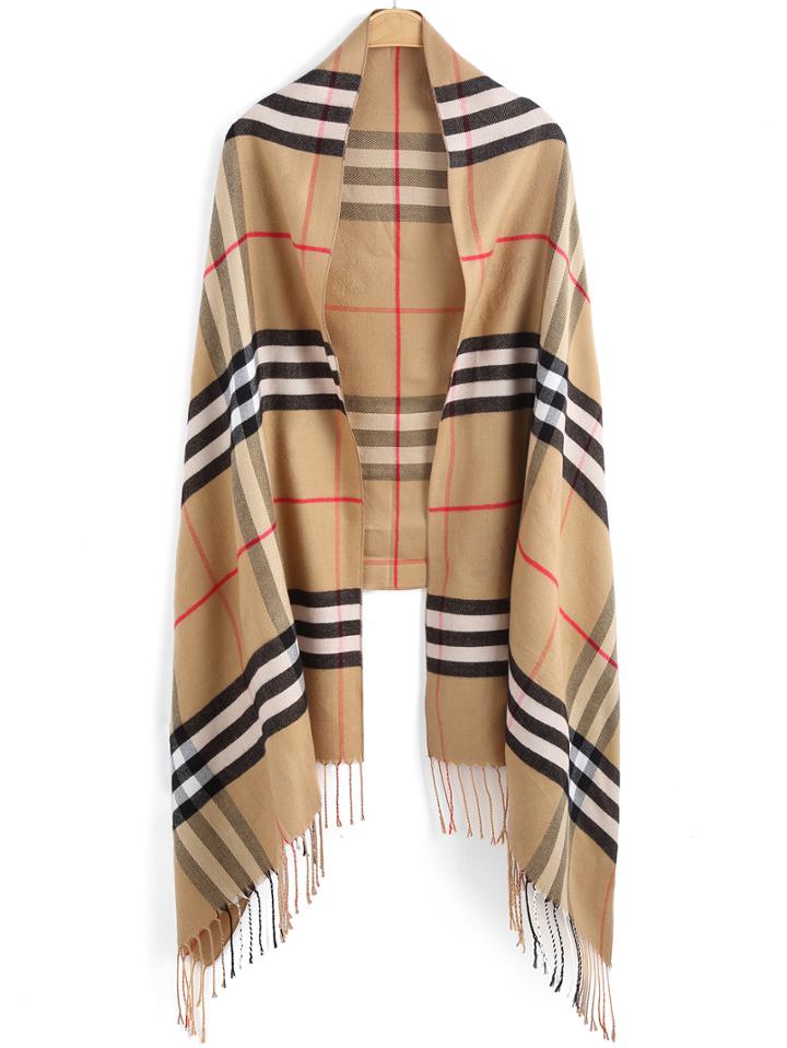Romwe Khaki Plaid Tassel Scarve