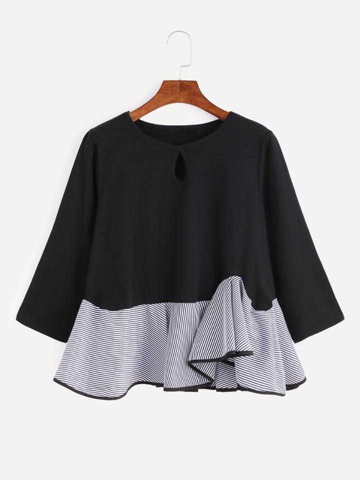 Romwe Black Contrast Striped Asymmetric Ruffle Hem Keyhole Front Blouse