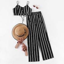 Romwe Lace-up Striped Cami With Slit Side Pants