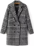 Romwe Lapel Houndstooth Long Black Coat With Pockets