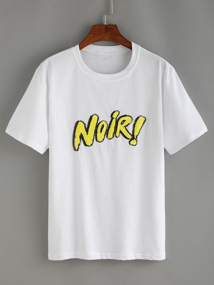Romwe Sequin Letter White T-shirt