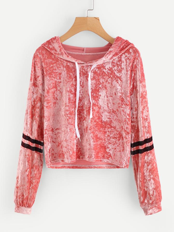 Romwe Varsity Striped Velvet Hooded Sweatshirt
