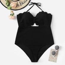 Romwe Plus Scalloped Trim Halter One Piece Swimsuit