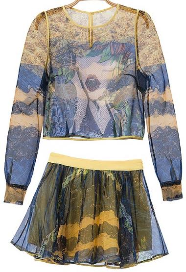 Romwe Yellow Long Sleeve Sheer Organza Crop Top With Skirt