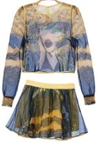 Romwe Yellow Long Sleeve Sheer Organza Crop Top With Skirt