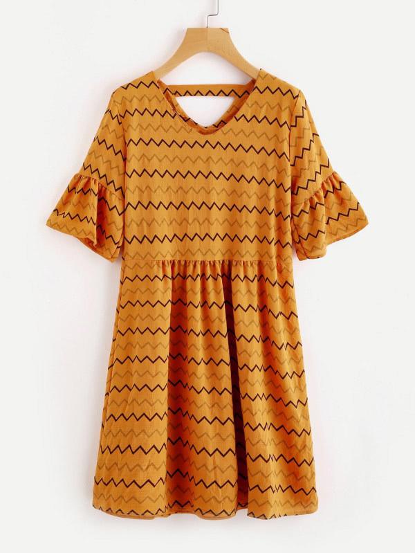 Romwe Chevron Striped Double V Fluted Sleeve Dress