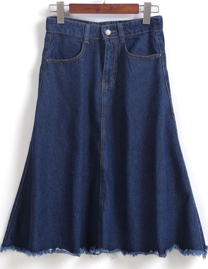 Romwe Pockets Fringe Denim A Line Skirt