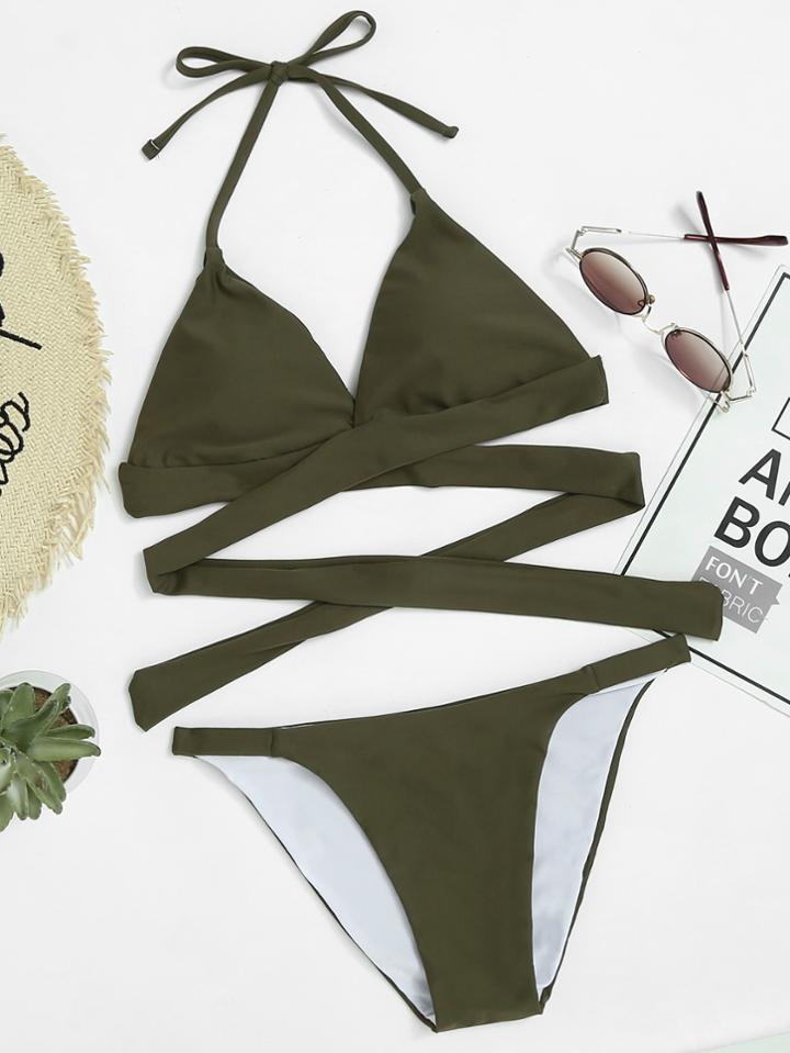 Romwe Self Tie Hater High Leg Bikini Set