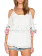 Romwe Beige Off The Shoulder Embroidered Blouse