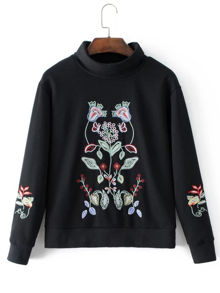 Romwe Embroidered Flower Turtleneck Sweatshirt