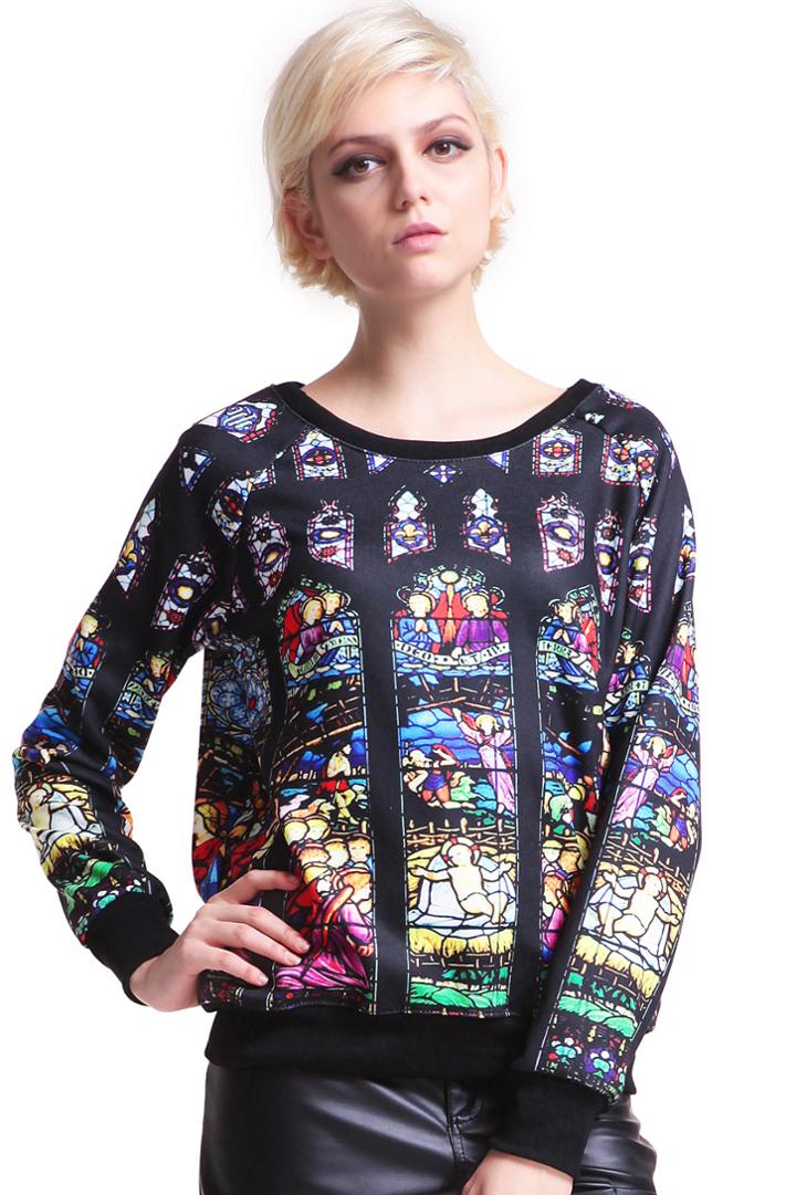 Romwe Portrait Print Black Pullover