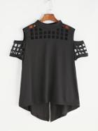 Romwe Black Open Shoulder Laser Cut Out Split Back T-shirt