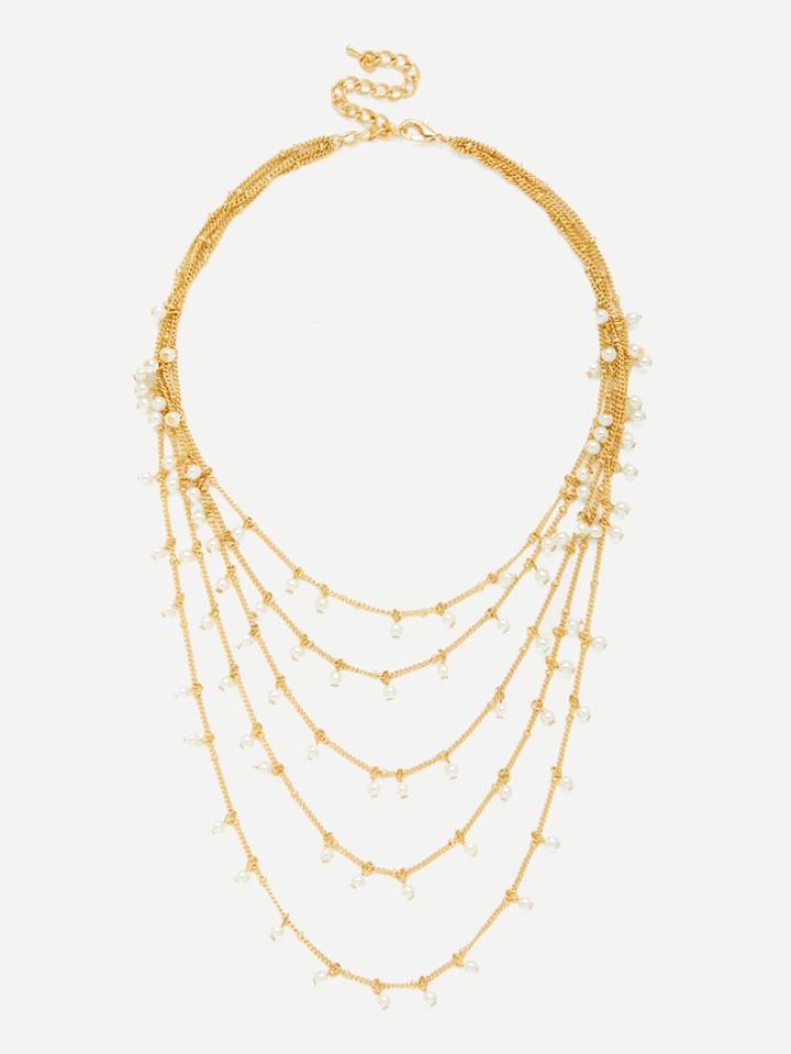 Romwe Faux Pearl Decorated Layered Chain Necklace