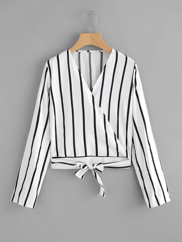 Romwe Bow Tie Hem Striped Wrap Top