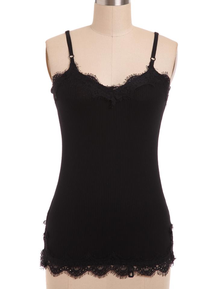 Romwe Black Spaghetti Strap Lace Insert Ribbed Cami Top