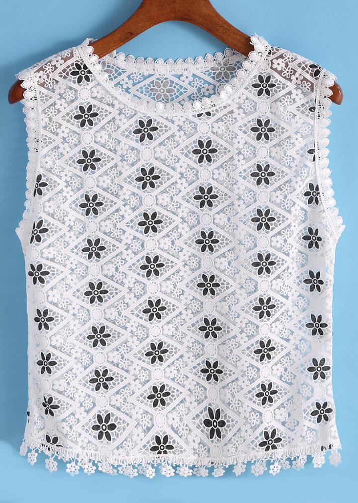 Romwe Flower Print Hollow Embroidered Tank Top
