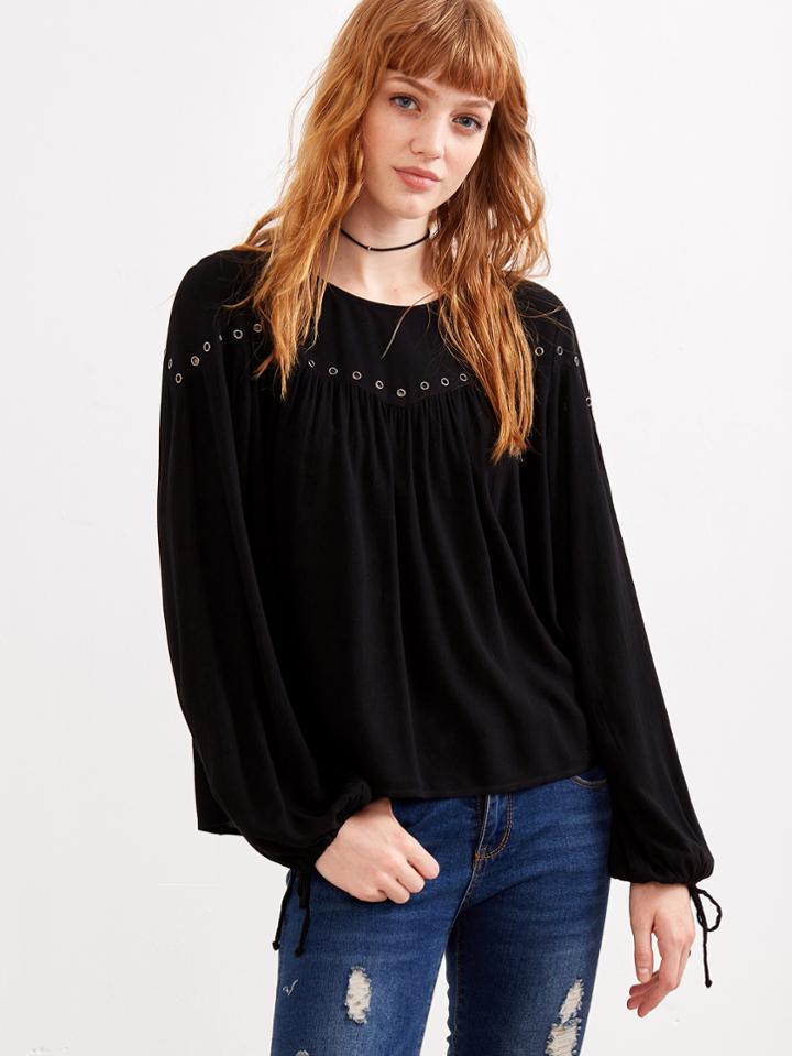 Romwe Black Metal Eyelet High Low Blouse With Drawstring Cuff