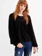 Romwe Black Metal Eyelet High Low Blouse With Drawstring Cuff