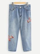 Romwe Bleach Wash Floral Embroidered Jeans