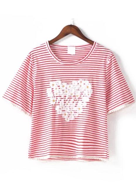 Romwe Heart Crochet Striped Red T-shirt