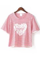 Romwe Heart Crochet Striped Red T-shirt