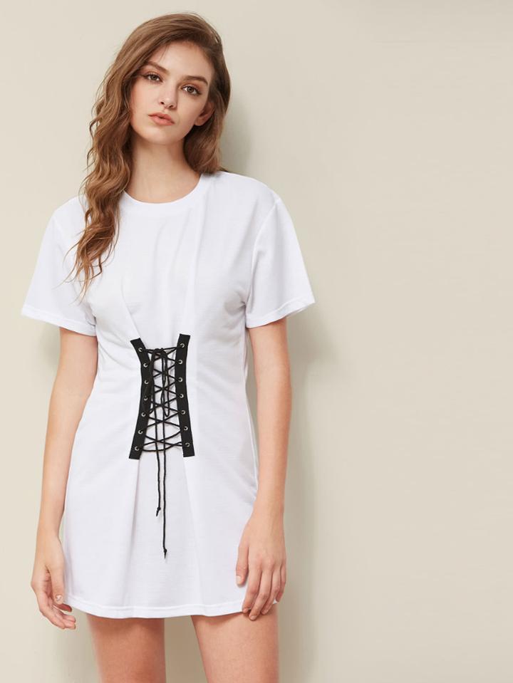 Romwe Eyelet Lace Up Front Tee Dress