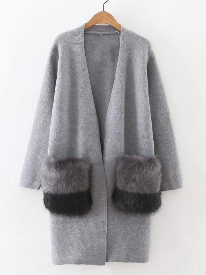 Romwe Faux Fur Embellished Pocket Long Line Cardigan