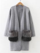 Romwe Faux Fur Embellished Pocket Long Line Cardigan