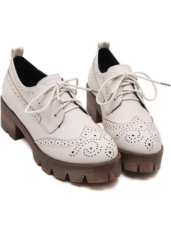 Romwe Beige Round Toe Pierced Lace Up Ankle Boots
