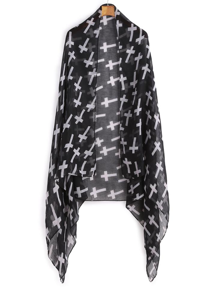 Romwe Black Contrast Cross Print Voile Scarf