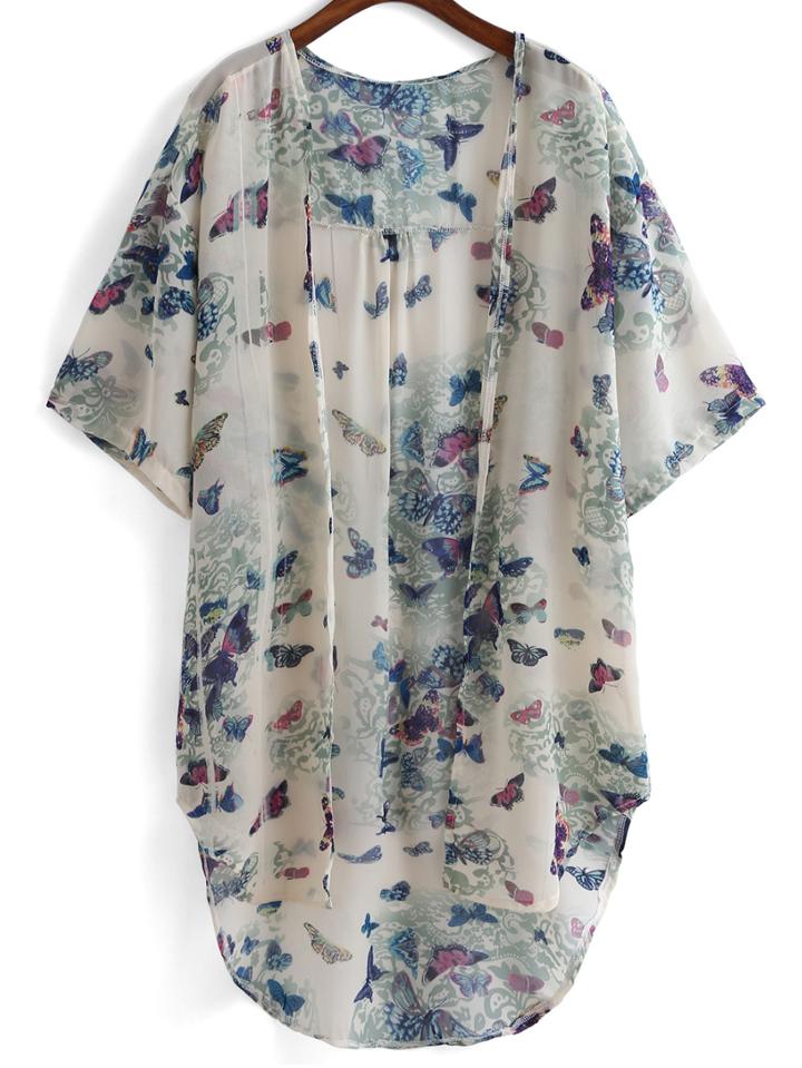 Romwe Butterfly Print Chiffon Asymmetrical Top