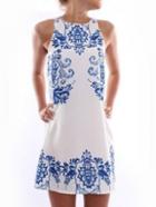 Romwe Blue And White China Print Dress