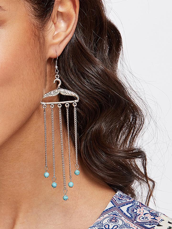 Romwe Turquoise Detail Chain Tassel Drop Earrings