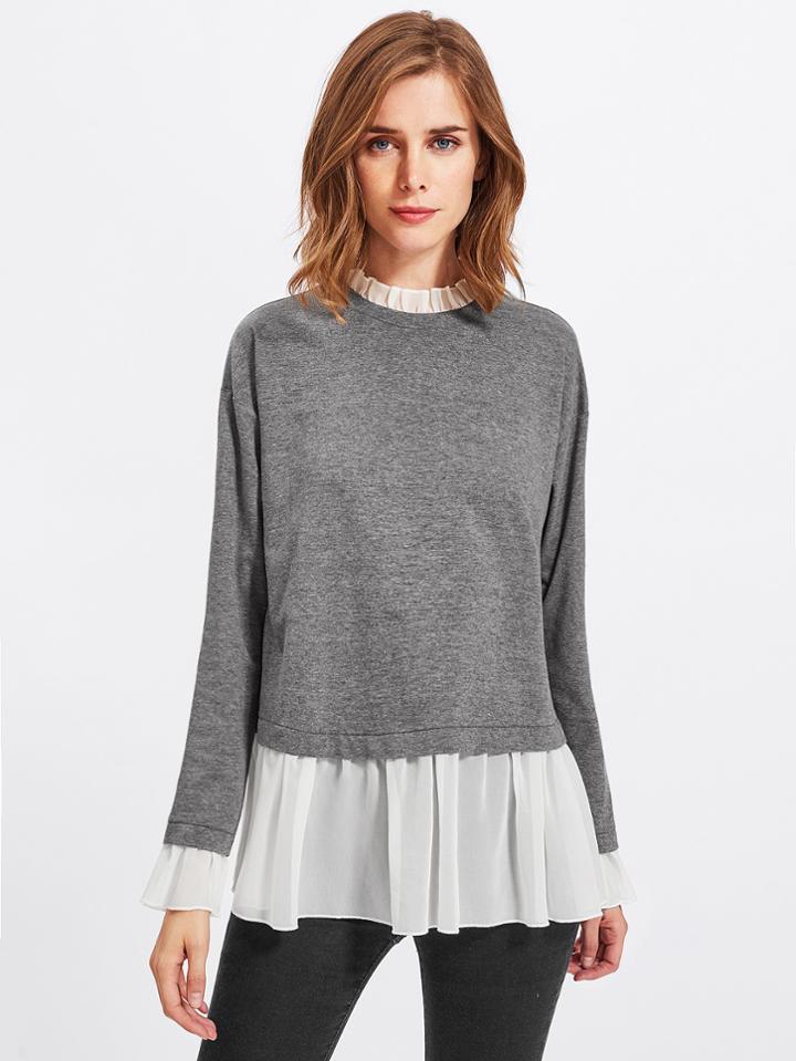 Romwe Contrast Ruffle Trim Heather Knit Sweatshirt