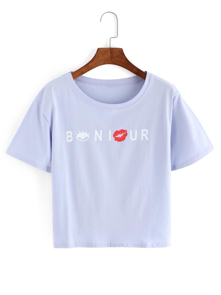 Romwe Lips Print Pale Purple T-shirt