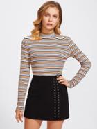 Romwe Mock Neck Rib Knit Striped Tee