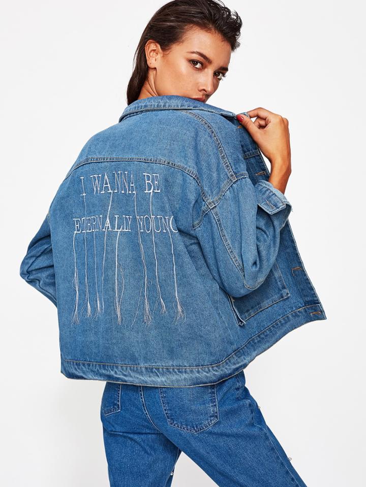 Romwe Drop Shoulder Letter Embroidered Back Denim Jacket