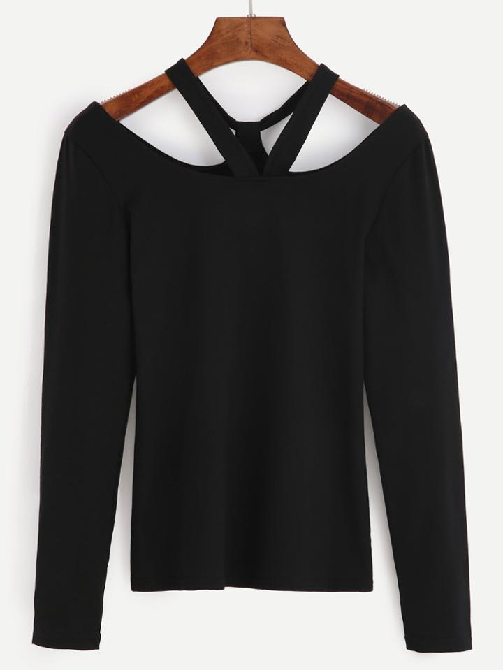 Romwe Black Cold Shoulder Long Sleeve T-shirt