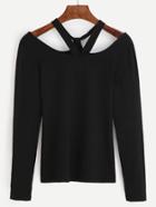 Romwe Black Cold Shoulder Long Sleeve T-shirt