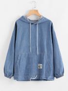 Romwe Drawstring Hood Kangaroo Pocket Denim Sweatshirt