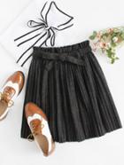 Romwe Frill Trim Belted Pleated Skirt