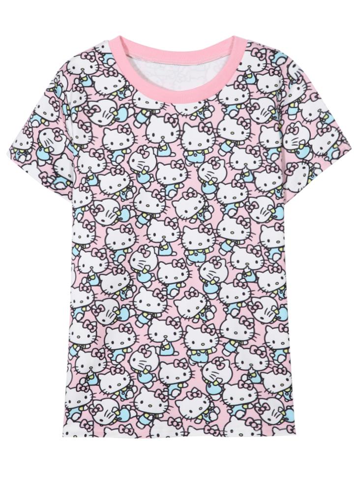 Romwe Short Sleeve Kitty Cat Print T-shirt