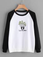 Romwe Plant Embroidered Raglan Contrast Sleeve Sweatshirt
