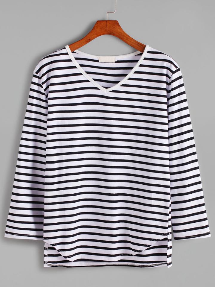 Romwe Contrast Striped V Neck Asymmetric Hem T-shirt