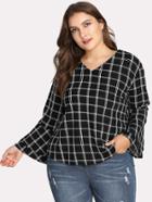 Romwe Flounce Sleeve Grid Blouse