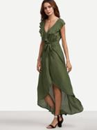 Romwe Army Green Plunge Ruffle High Low Chiffon Dress