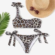 Romwe Leopard One Shoulder Top With Tie Side Bikini