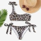 Romwe Leopard One Shoulder Top With Tie Side Bikini