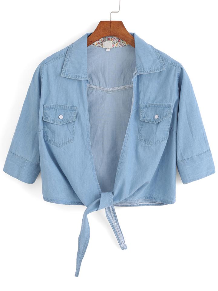 Romwe Lapel Knotted Pockets Denim Blouse